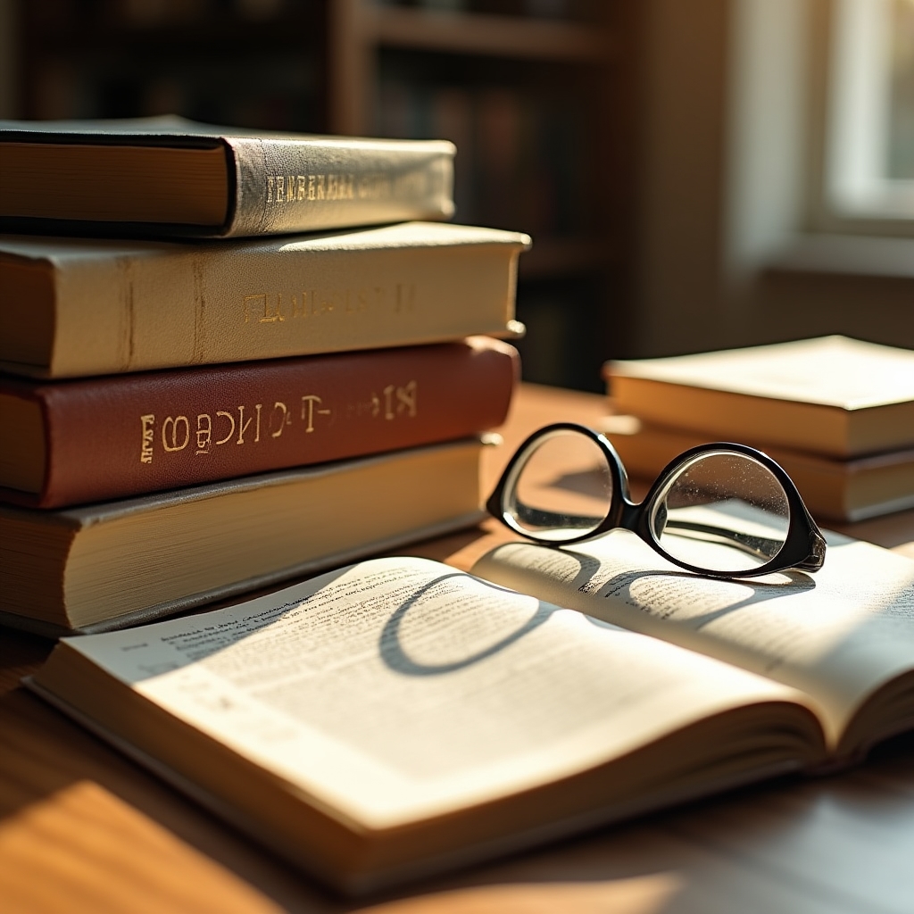 Książki i materiały badawcze na biurku, metodologia pracy intelektualnej